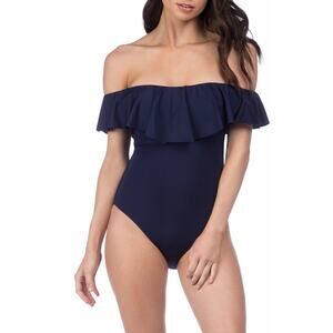 Trina Turk Ruffled Off The Shoulder One Piece Swimsuit Midnight Navy Size 4 New